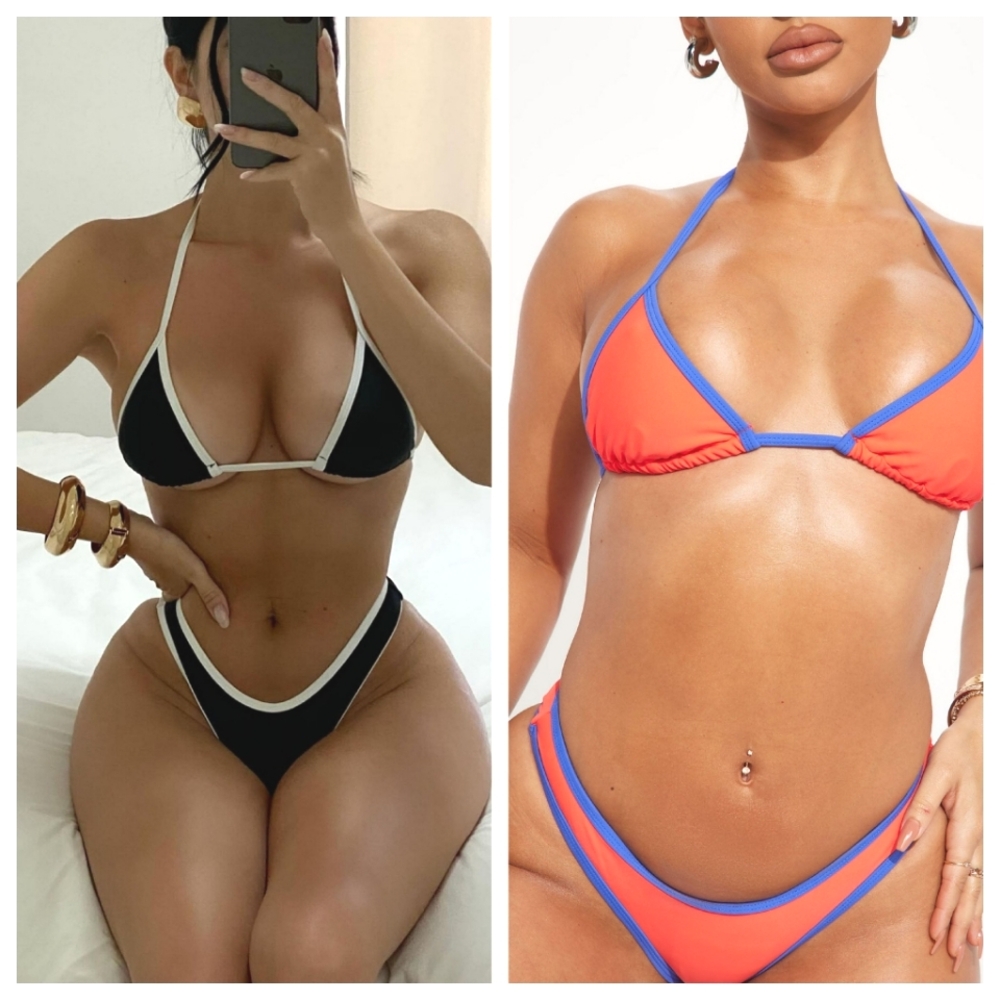 2 Thong Bikini Sets, M, Black/White/Orange